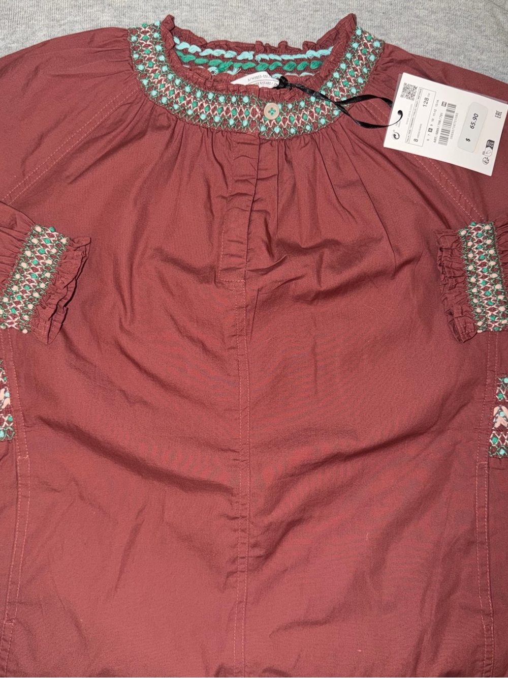 Zara Girls Embroidered Dress - Rust with Mint Accents